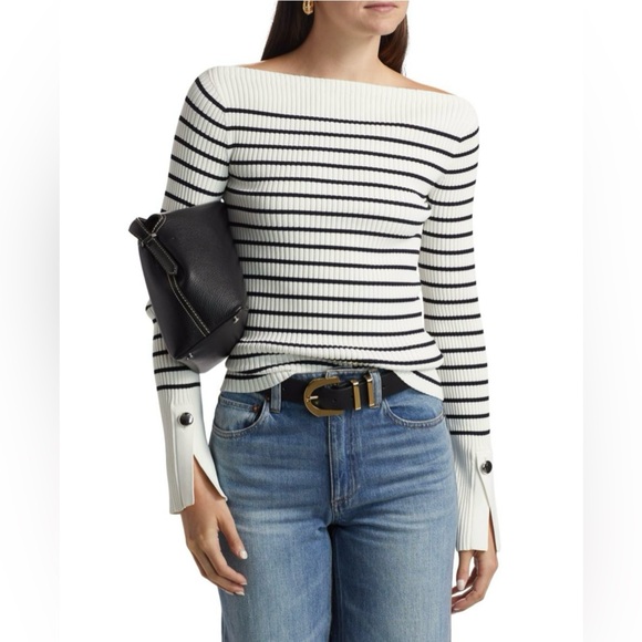 A.L.C. Anya Striped Rib-Knit Boatneck Sweater in Off White Dark Sapphire.